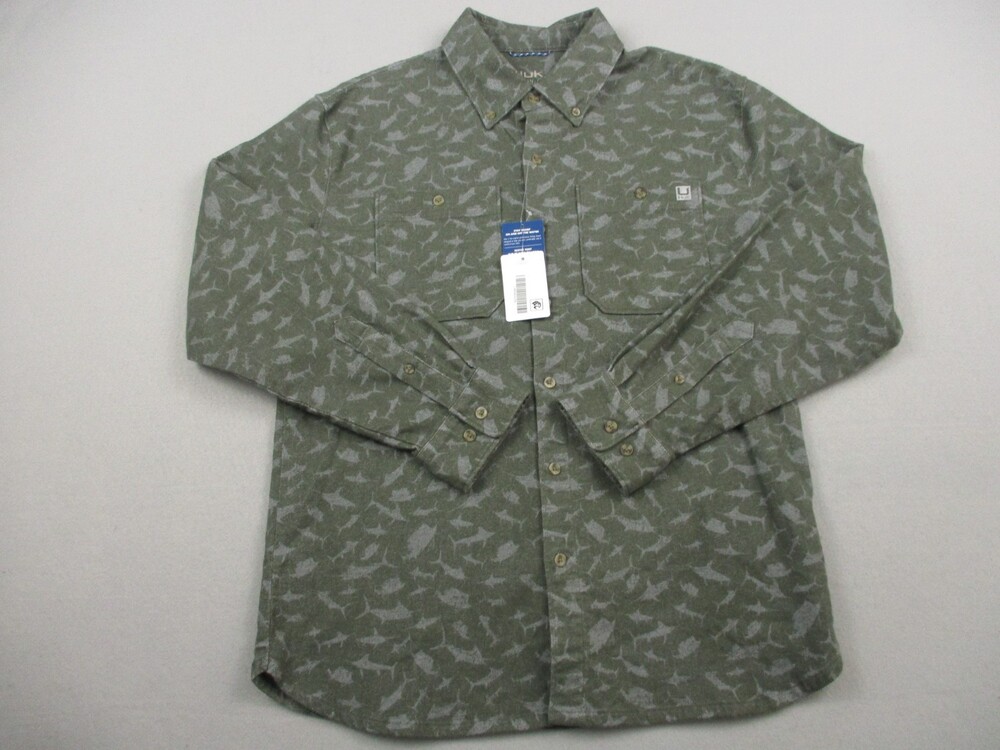 HUK Shirt Men Small Green Fish Print Chesapeake KC Flannel Long Sleeve Button Up